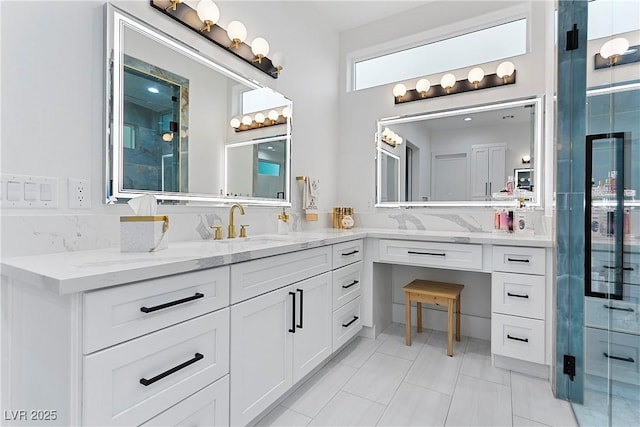 bathroom with a stall shower, decorative backsplash, and vanity