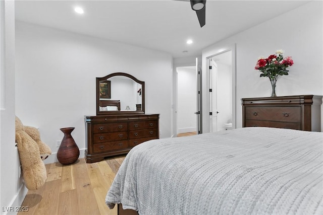 bedroom featuring a ceiling fan, light wood-type flooring, baseboards, and recessed lighting