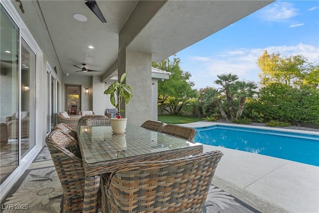 pool featuring a patio and a ceiling fan