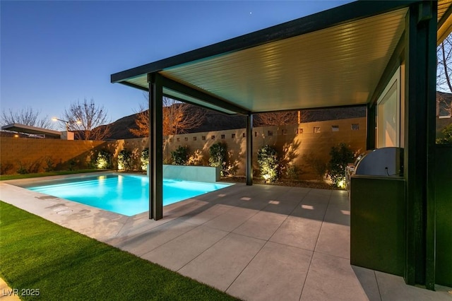 view of pool featuring a fenced in pool, a fenced backyard, and a patio