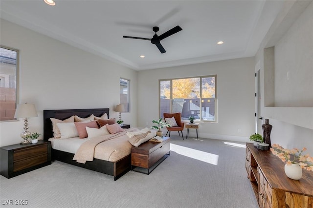 carpeted bedroom featuring baseboards, a ceiling fan, and recessed lighting