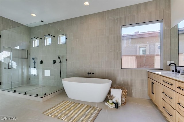 bathroom with plenty of natural light, tile walls, a shower stall, and vanity