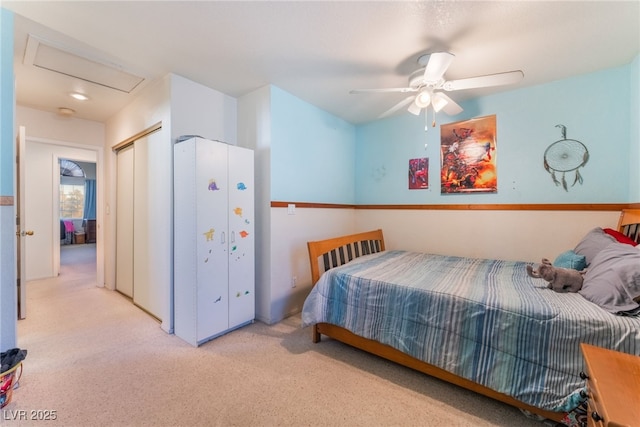 2245 Saint Paul Way, Las Vegas, NV 89104 - bedroom featuring attic access, light colored carpet, and ceiling fan