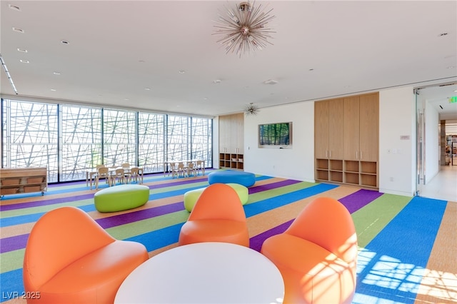 playroom with a wall of windows and light colored carpet