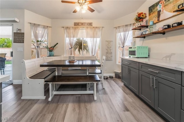 dining space featuring plenty of natural light, baseboards, and light wood finished floors