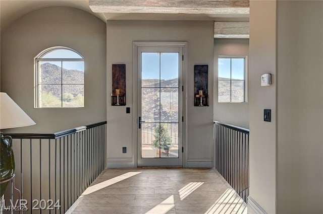 doorway to outside featuring baseboards, plenty of natural light, a mountain view, and light wood-style floors