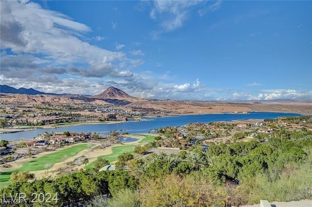 birds eye view of property with a water and mountain view