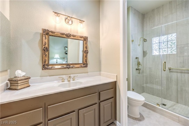 bathroom featuring tile patterned flooring, a shower stall, toilet, and vanity