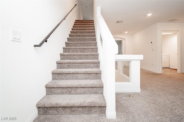 staircase featuring carpet floors, recessed lighting, visible vents, and baseboards