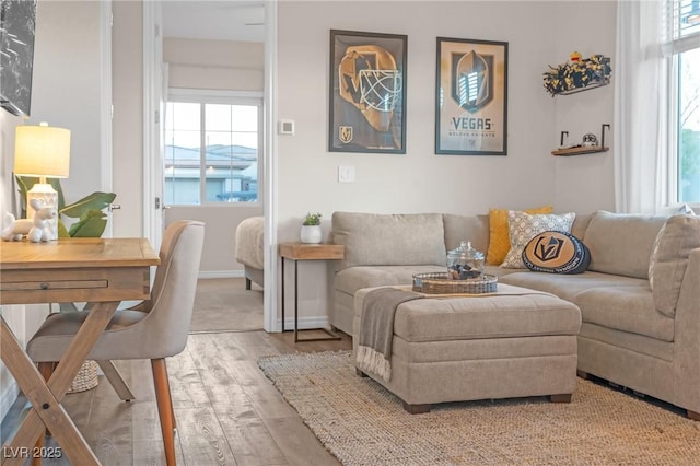 living room featuring plenty of natural light, baseboards, and wood finished floors