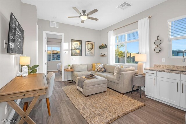 living area featuring dark wood-style floors, visible vents, and plenty of natural light