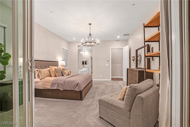 bedroom featuring light carpet, an inviting chandelier, visible vents, and baseboards