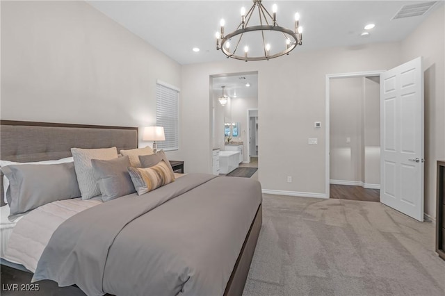 bedroom with light colored carpet, visible vents, baseboards, and recessed lighting