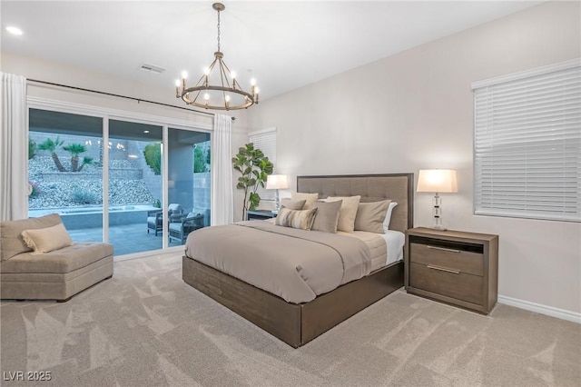 bedroom with visible vents, baseboards, light colored carpet, access to exterior, and an inviting chandelier