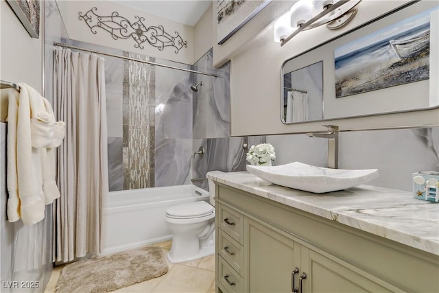 full bathroom with toilet, shower / bath combo, tile patterned flooring, and vanity