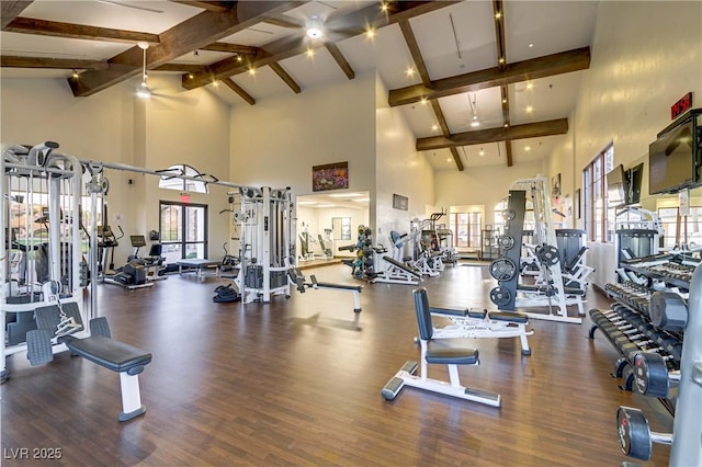 exercise room with wood finished floors and a towering ceiling