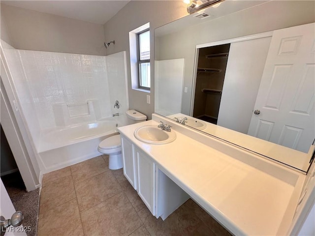 bathroom with visible vents, toilet, tile patterned flooring, bathtub / shower combination, and vanity