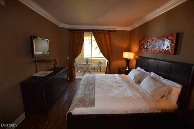 bedroom with dark wood-style floors, baseboards, and ornamental molding