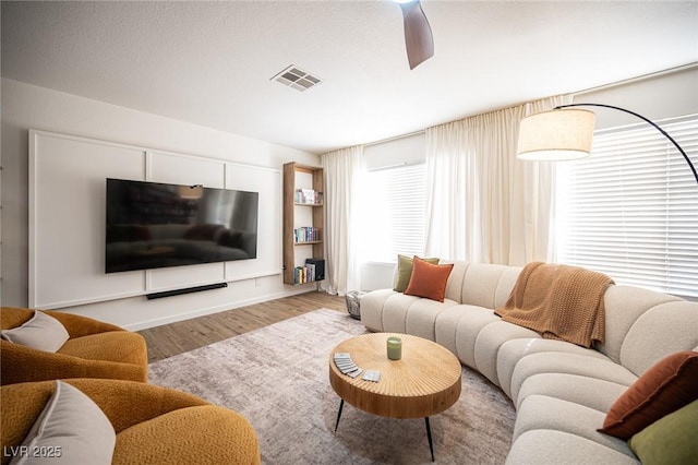 living area with visible vents and light wood-style floors