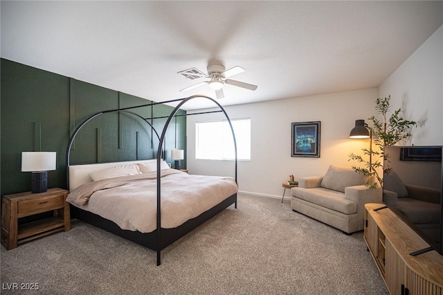 bedroom with carpet flooring, ceiling fan, and baseboards