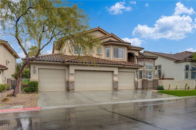 mediterranean / spanish-style house with concrete driveway, stone siding, and stucco siding