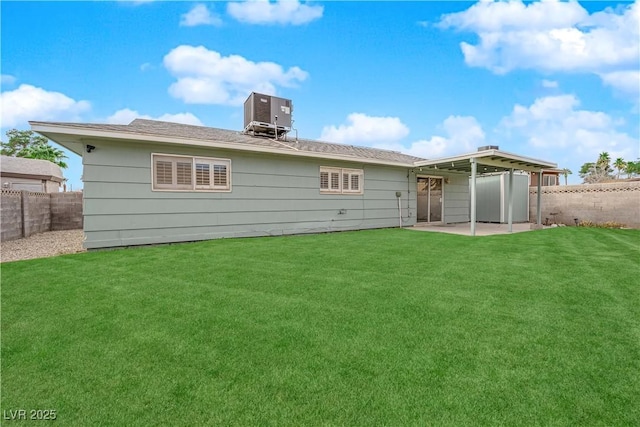 back of property featuring a patio area, a fenced backyard, cooling unit, and a lawn