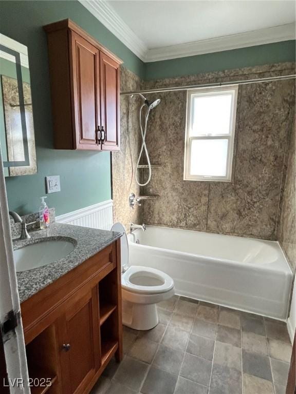 full bath with  shower combination, toilet, ornamental molding, and vanity