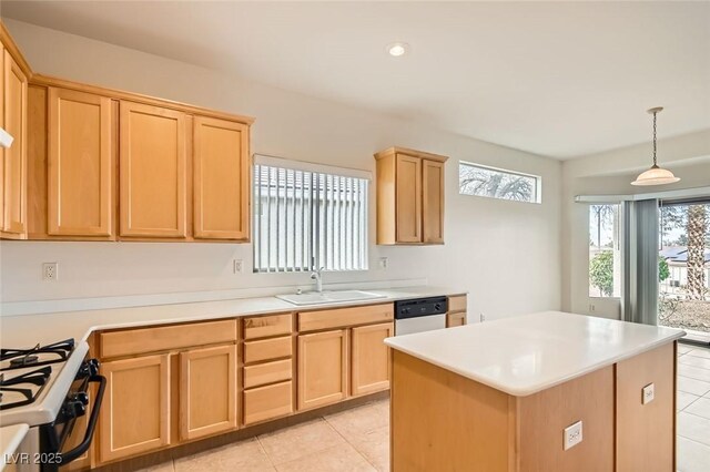 538 Cypress Gardens Pl, Henderson, NV 89012 - kitchen featuring a sink, light countertops, stainless steel dishwasher, a center island, and decorative light fixtures