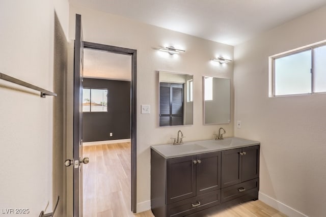 bathroom featuring double vanity, a sink, baseboards, and wood finished floors