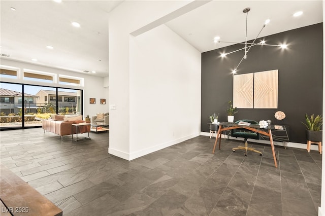 home office featuring recessed lighting, visible vents, and baseboards