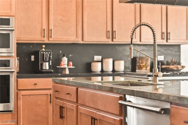 kitchen with tasteful backsplash, dark countertops, a sink, and stainless steel dishwasher