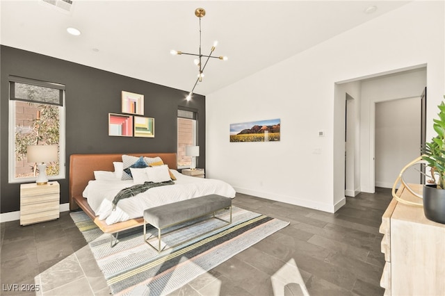 bedroom with baseboards, lofted ceiling, visible vents, and a notable chandelier