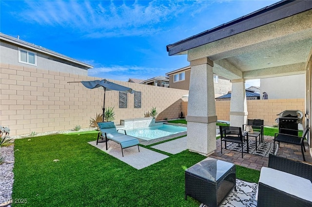 exterior space featuring an outdoor hangout area, a fenced backyard, a fenced in pool, and a grill
