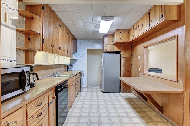 kitchen with brown cabinetry, stainless steel appliances, light countertops, light floors, and open shelves