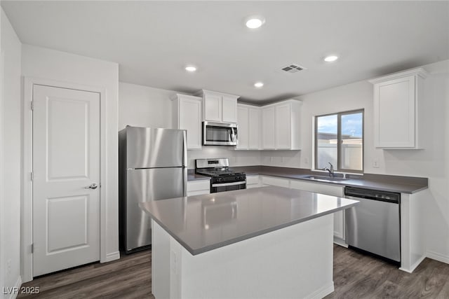 kitchen with a sink, stainless steel appliances, a kitchen island, and white cabinets