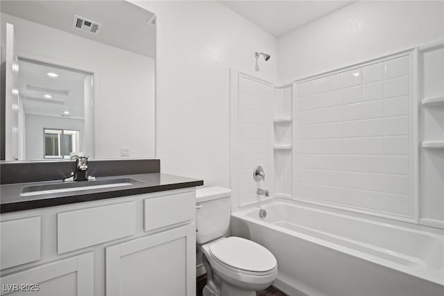 bathroom featuring recessed lighting, visible vents, toilet, vanity, and  shower combination