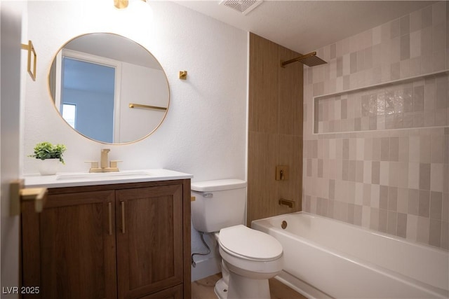 full bath featuring toilet, bathing tub / shower combination, vanity, and visible vents