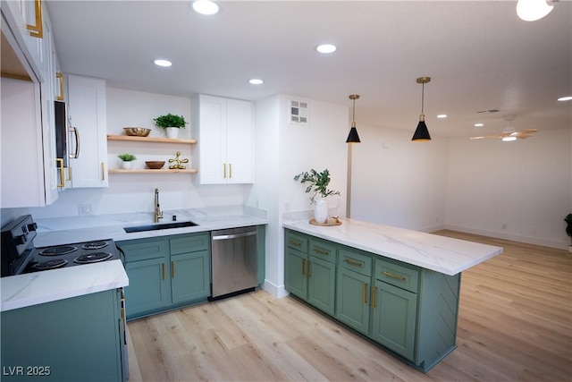 kitchen with open shelves, appliances with stainless steel finishes, white cabinets, a sink, and a peninsula