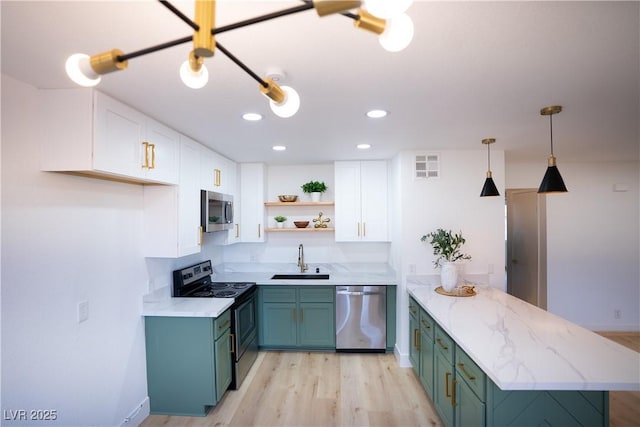 kitchen featuring stainless steel appliances, white cabinetry, a sink, and light wood finished floors