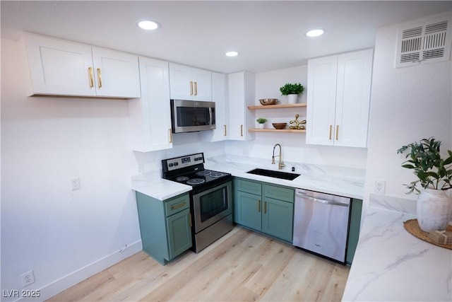 kitchen featuring a sink, visible vents, white cabinets, appliances with stainless steel finishes, and open shelves