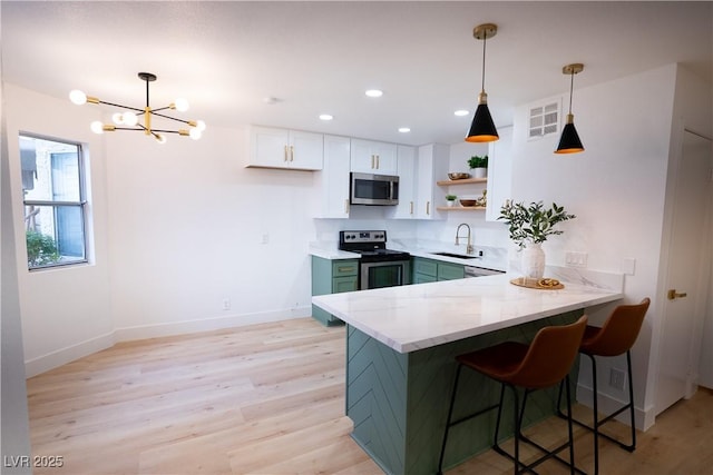 kitchen with a peninsula, a sink, white cabinetry, appliances with stainless steel finishes, and open shelves