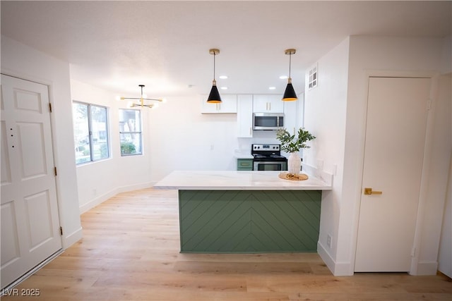 kitchen with stainless steel appliances, visible vents, light wood-style floors, white cabinetry, and a peninsula