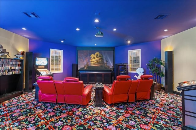 cinema room with carpet, visible vents, and recessed lighting