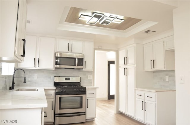 kitchen with white cabinets, stainless steel appliances, a sink, and a raised ceiling