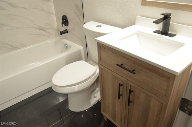 full bathroom with a textured wall, vanity, toilet, and shower / bathtub combination