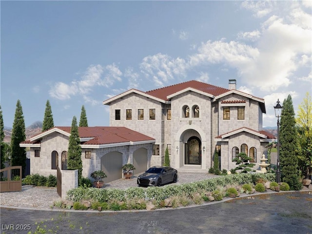 mediterranean / spanish-style home featuring stone siding, a chimney, and a tiled roof