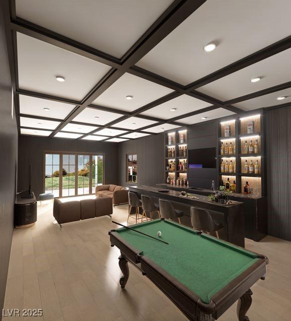 playroom featuring billiards, coffered ceiling, and indoor wet bar