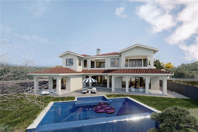 rear view of house featuring a fenced in pool, a tile roof, fence, and a patio