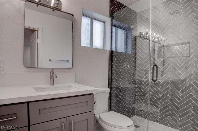 full bathroom featuring toilet, a shower stall, and vanity