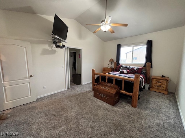 bedroom featuring vaulted ceiling, baseboards, carpet floors, and ceiling fan